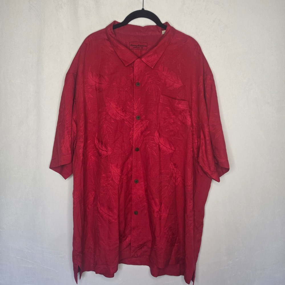 Tommy Bahama Mens Red Jacquard Tropical Leaf 100% Silk Camp Shirt Original Fit - Picture 1 of 12